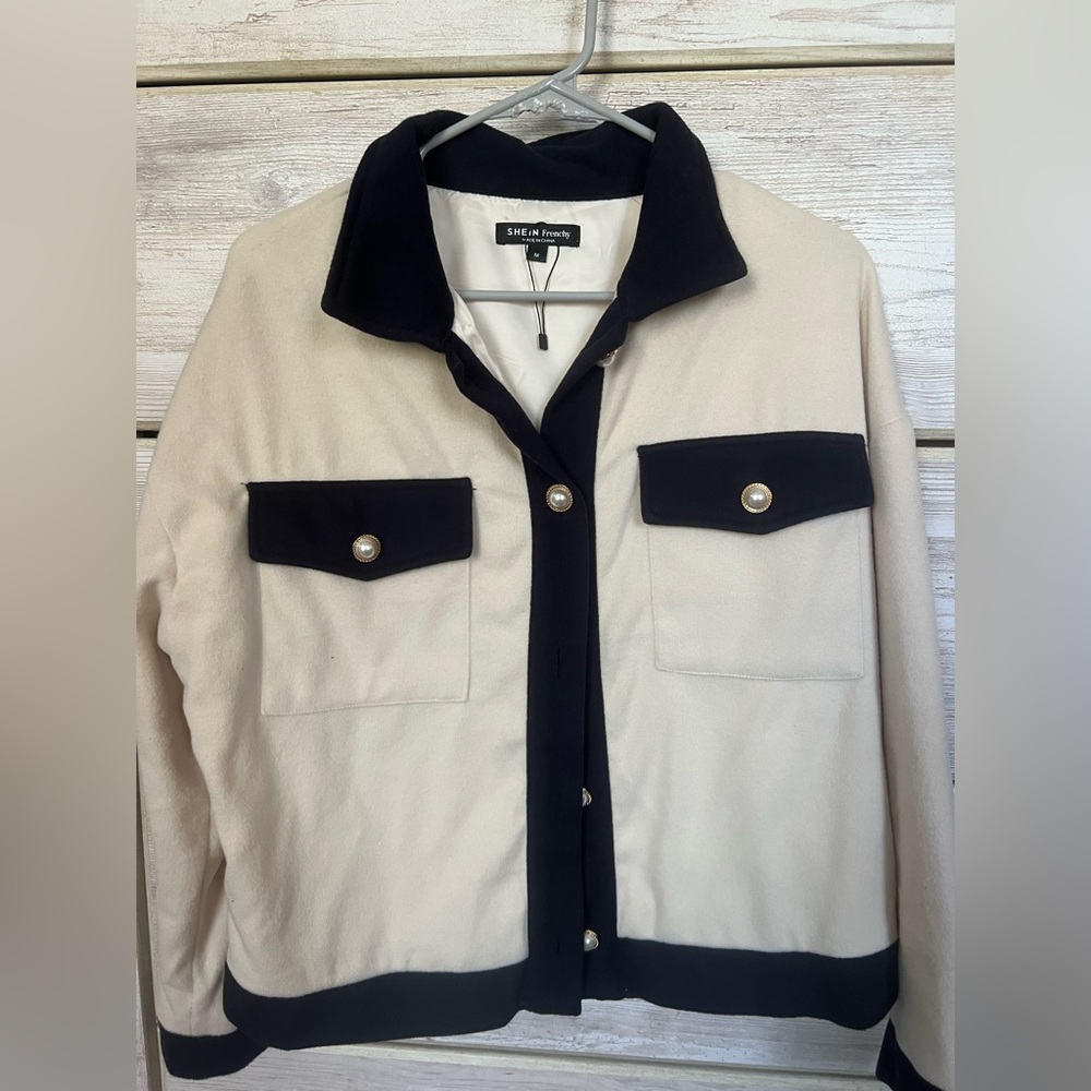 Shein Navy and Cream Women's Jacket with Faux Pearl Buttons